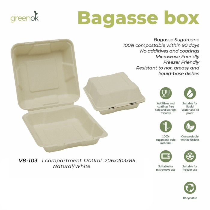 Bagasse Box Ecofriendly Lunch Box Box Dessert Korea Food Grade Steril | GreenOk | 1200 ml isi 50pcs