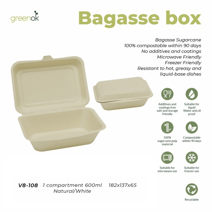 Bagasse Box Ecofriendly | Lunch Box | Box Dessert Korea | Food Grade Steril | GreenOk | 600ml isi 50pcs