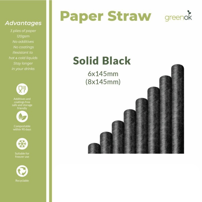 Paper Straw Hitam | Sedotan Kertas Ecofriendly | Food Grade Steril | 8x145mm isi 250 pcs