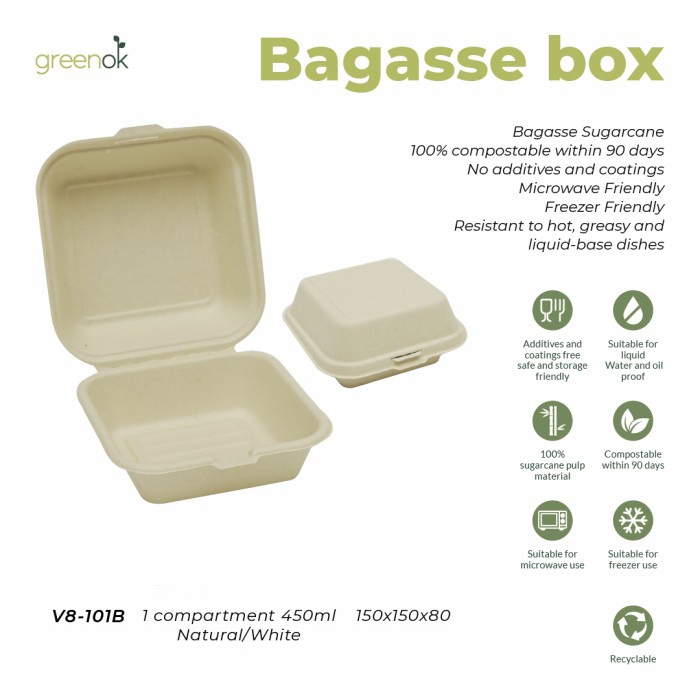 Bagasse Box Ecofriendly  Lunch Box | Box Dessert Korea Food Grade Steril GreenOk | 450ml isi 50pcs