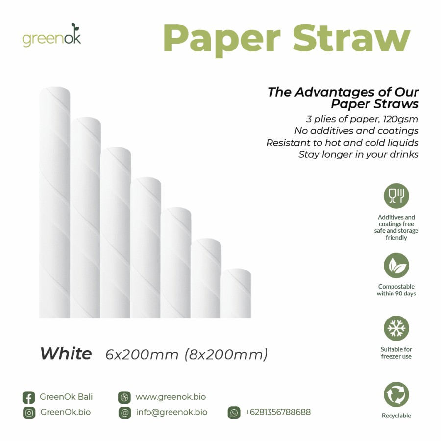 Paper Straw White | Sedotan Kertas Ecofriendly | Food Grade Steril | 6x200mm isi 250 pcs